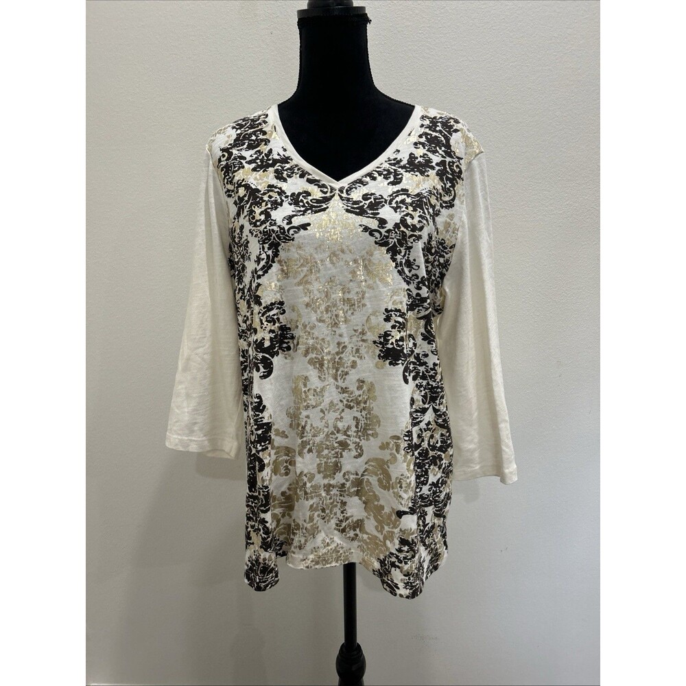 Zenergy by Chicos Sz 3 US  XL  Cream V Neck Top Brown and Gold Metallic Print